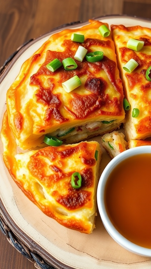 A savory noodle cake sliced into wedges, garnished with green onions, served on a wooden plate with dipping sauce.